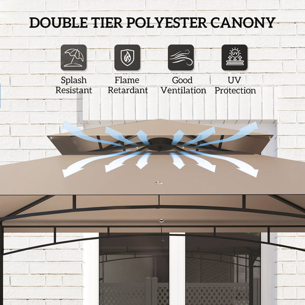 Gazebo pour barbecue à deux niveaux, auvent latéral, 2 étagères latérales et 6 crochets