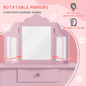 Ensemble de coiffeuse avec miroirs pliables, tiroir à motifs étoiles et cœurs, rose