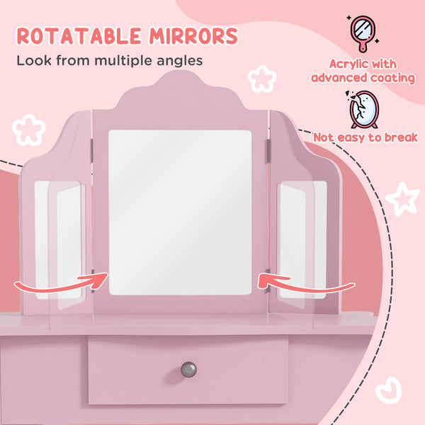 Ensemble de coiffeuse avec miroirs pliables, tiroir à motifs étoiles et cœurs, rose