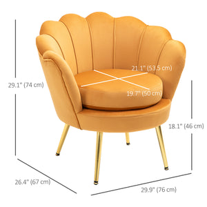 Fauteuil d'appoint lotus en tissu velours avec pieds en métal doré, jaune