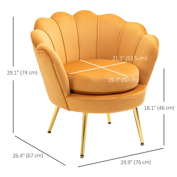 Fauteuil d'appoint lotus en tissu velours avec pieds en métal doré, jaune