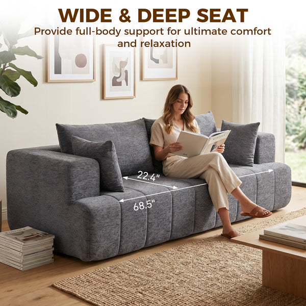 Canapé 3 places gris en chenille avec assise épaisse et ressorts ensachés, gris