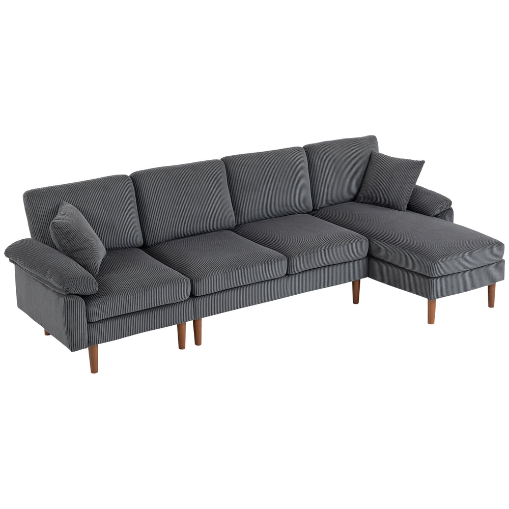 Corner sofa with modular chaise longue, cushions and wooden legs for living room, dark grey
