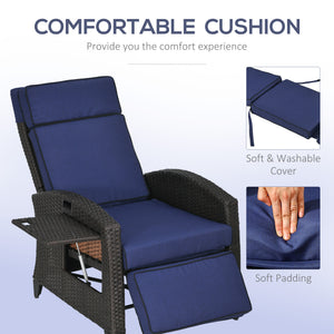 Outdoor Recliner Chair with Adjustable Backrest, Cushion, Side Tray, Blue