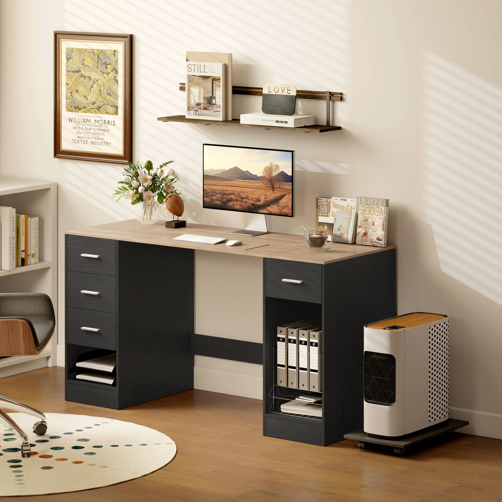 Bureau avec 4 tiroirs réversibles et support mobile pour PC, noir