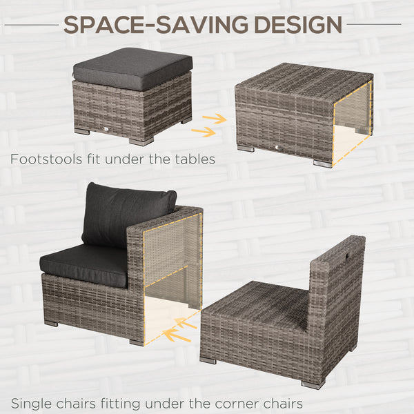 8 Pieces Patio Furniture Set, Outdoor Wicker Rattan Sofa Set Yard Conversation Seat Tea Table and Footstool Garden Patio Furniture w/ 2 Set Cushion Cover Grey & Orange