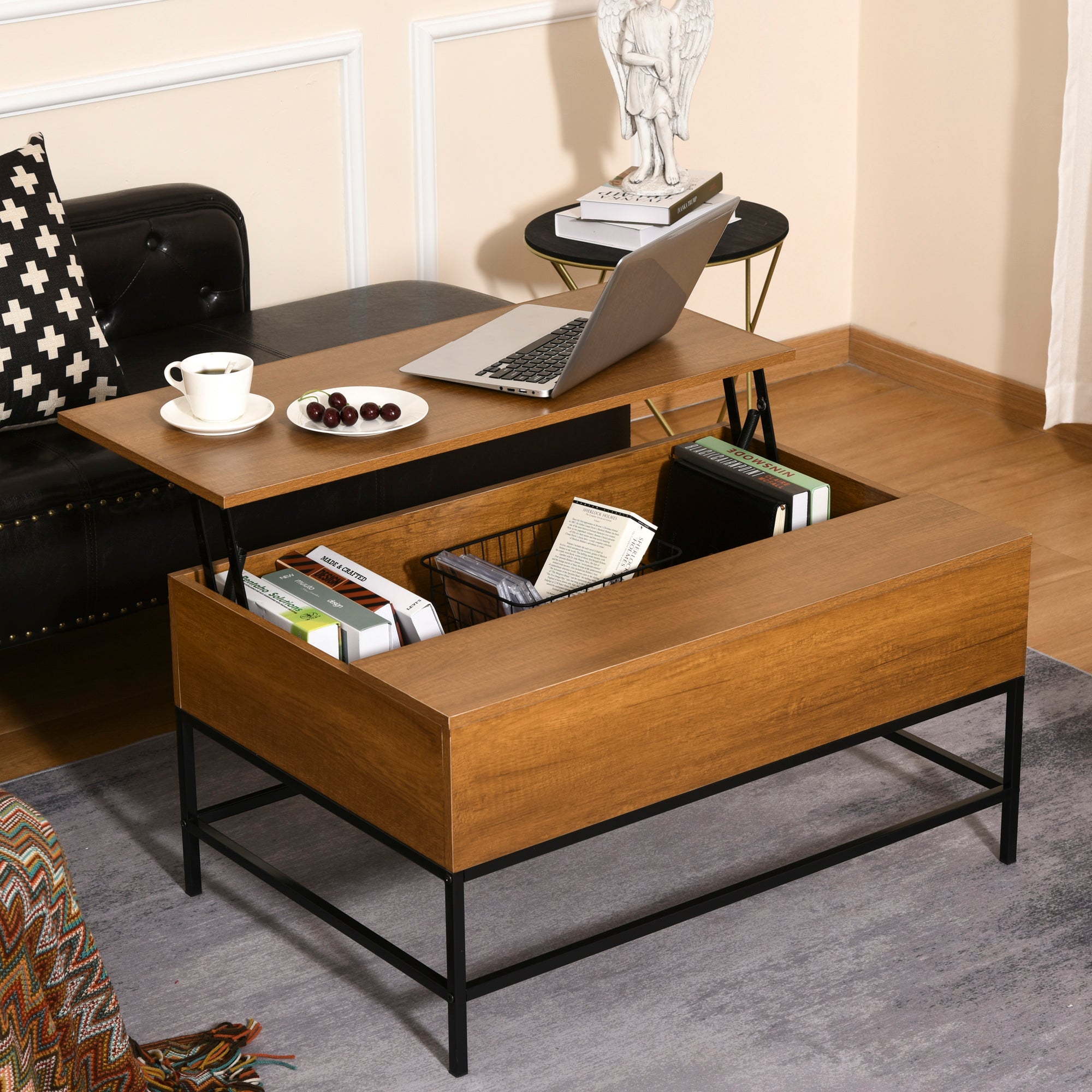 Table basse relevable avec compartiment de rangement dissimulé en teck