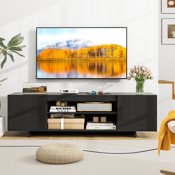 TV stand with power outlet and 2 cable holes for 65-inch TVs - Black