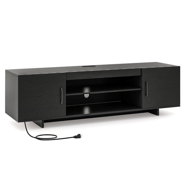 TV stand with power outlet and 2 cable holes for 65-inch TVs - Black