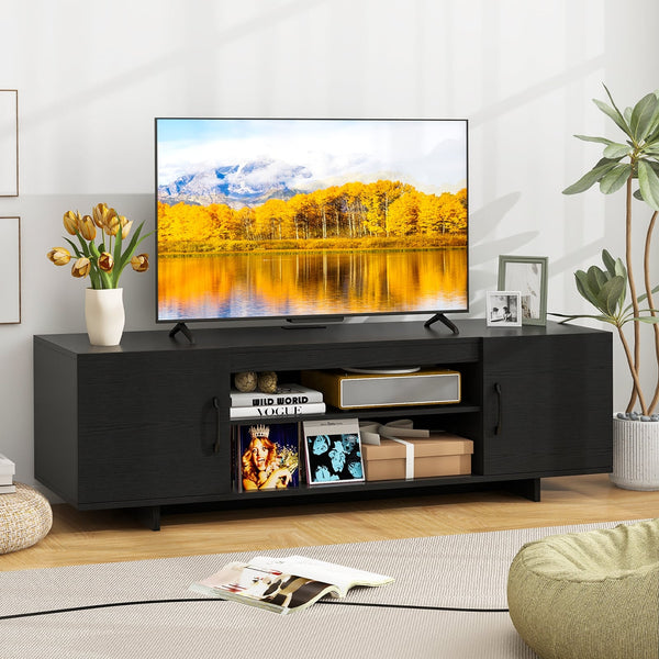 TV stand with power outlet and 2 cable holes for 65-inch TVs - Black
