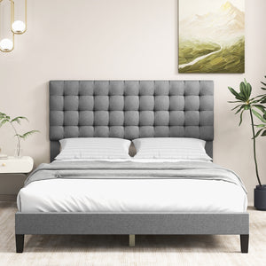 Queen-size upholstered platform bed with square stitched headboard