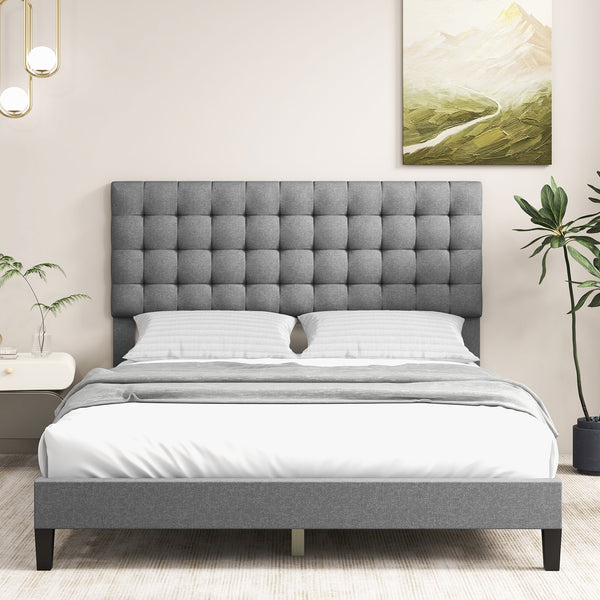 Queen-size upholstered platform bed with square stitched headboard