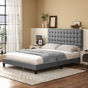 Queen-size upholstered platform bed with square stitched headboard