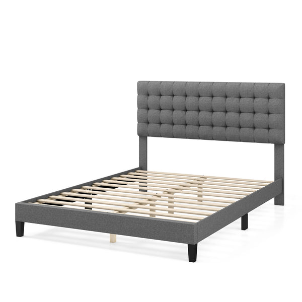 Queen-size upholstered platform bed with square stitched headboard