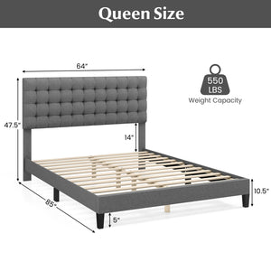 Queen-size upholstered platform bed with square stitched headboard
