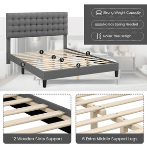 Queen-size upholstered platform bed with square stitched headboard