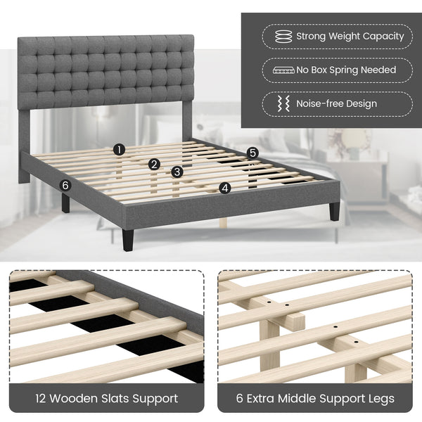 Queen-size upholstered platform bed with square stitched headboard