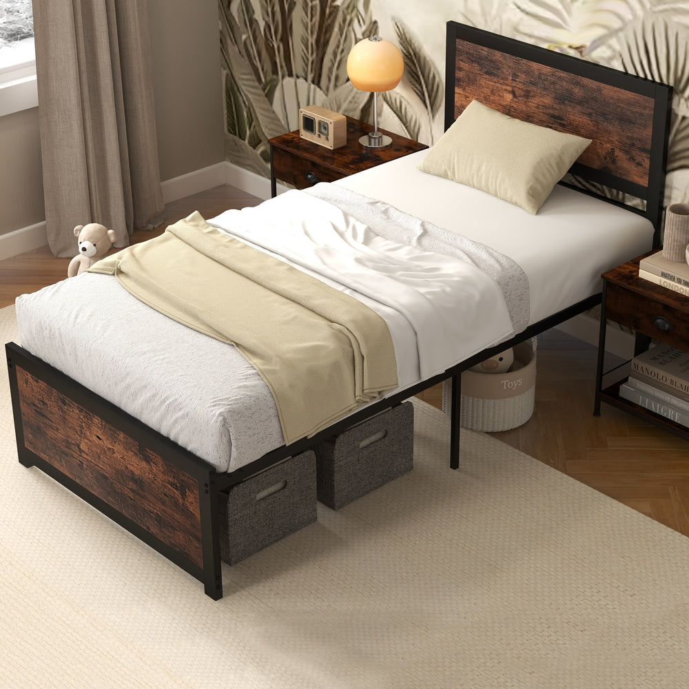 Single metal bed frame with high headboard and silent bars