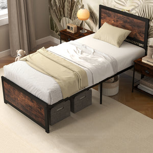 Single metal bed frame with high headboard and silent bars