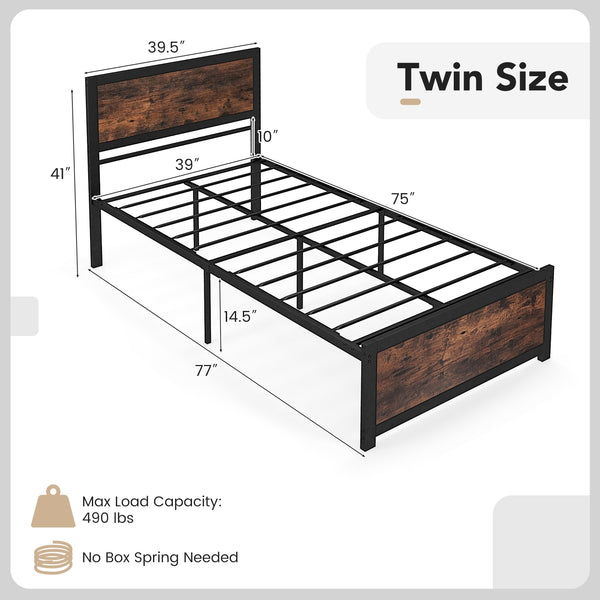 Single metal bed frame with high headboard and silent bars