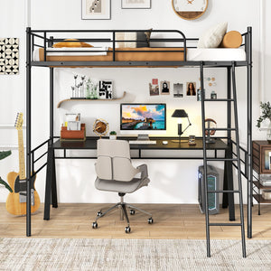 Lit mezzanine double avec cadre de lit en métal et échelle et garde-corps - Noir