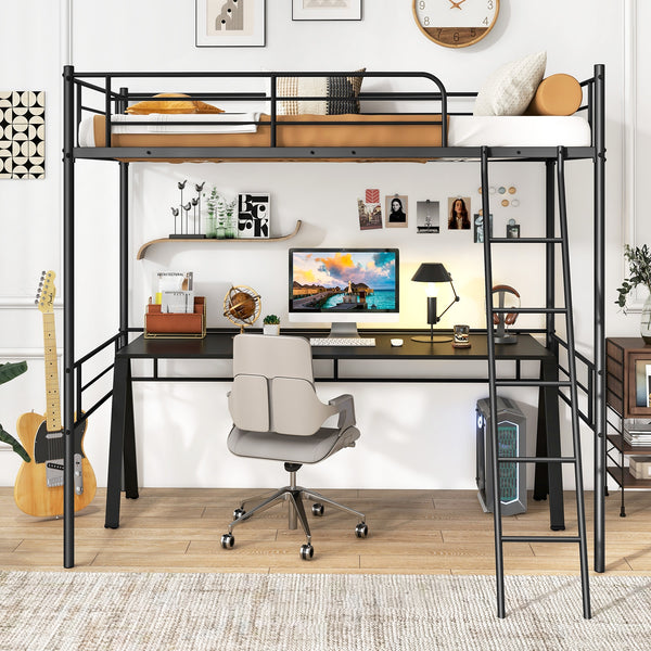 Lit mezzanine double avec cadre de lit en métal et échelle et garde-corps - Noir