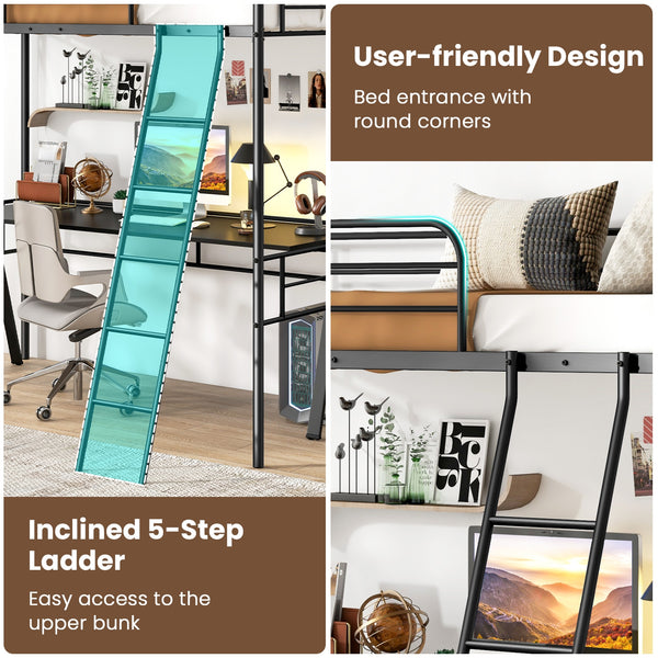 Lit mezzanine double avec cadre de lit en métal et échelle et garde-corps - Noir