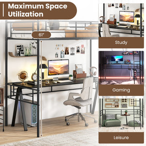 Lit mezzanine double avec cadre de lit en métal et échelle et garde-corps - Noir