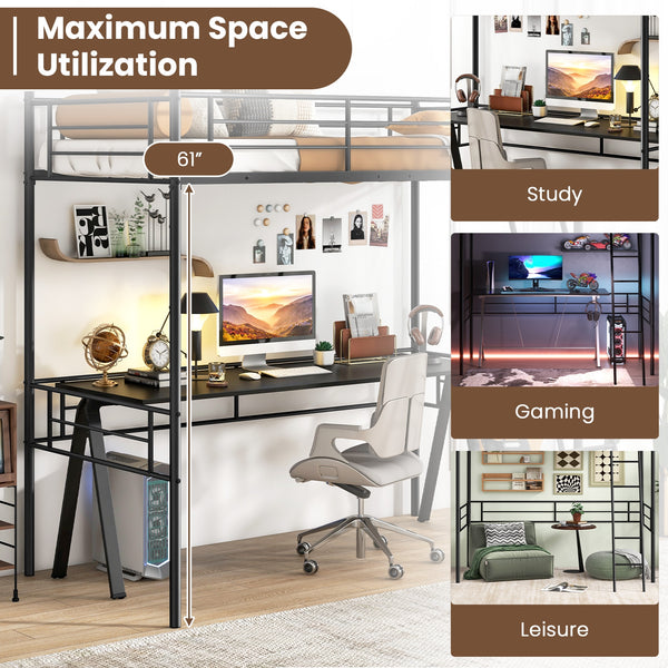 Lit mezzanine double avec cadre de lit en métal et échelle et garde-corps - Noir