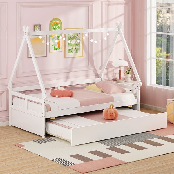 Double bed with trundle bed and safety rail - White