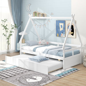 Double bed with trundle bed and safety rail - White