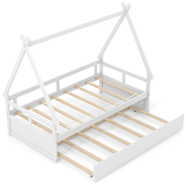 Double bed with trundle bed and safety rail - White