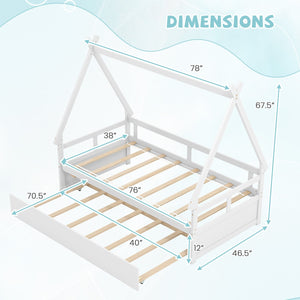 Double bed with trundle bed and safety rail - White