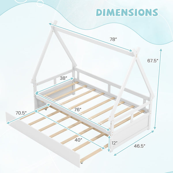 Double bed with trundle bed and safety rail - White
