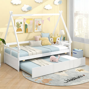 Double bed with trundle bed and safety rail - White