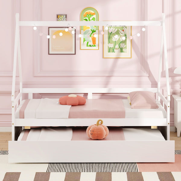 Double bed with trundle bed and safety rail - White