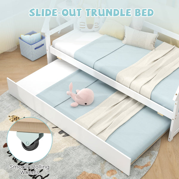 Double bed with trundle bed and safety rail - White