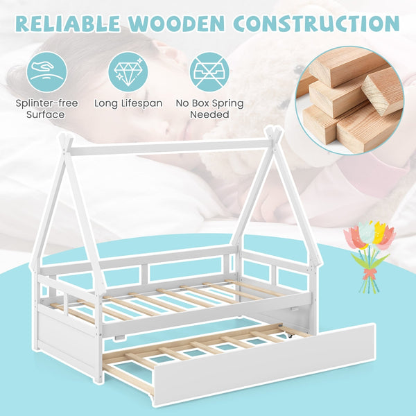 Double bed with trundle bed and safety rail - White