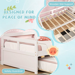 Double bed with trundle bed and safety rail - White