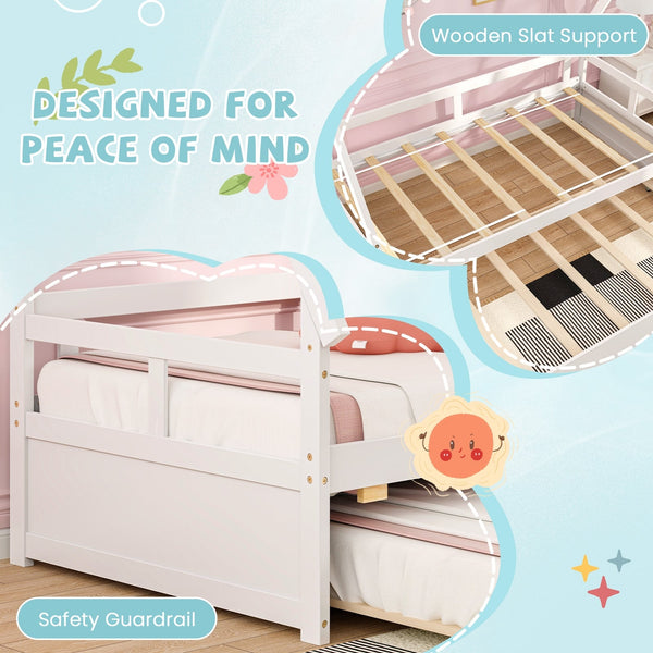 Double bed with trundle bed and safety rail - White