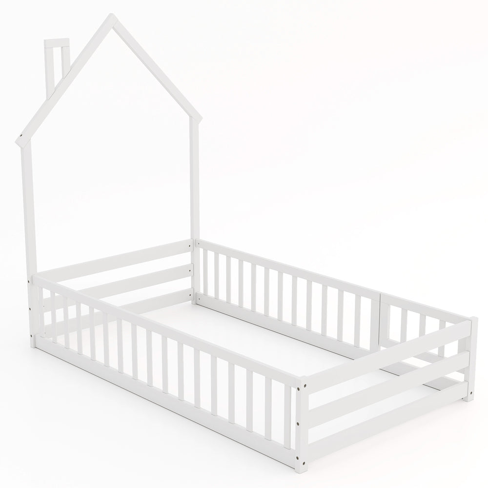 Montessori floor bed with lockable door and full-length guardrail - White