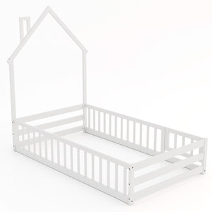 Montessori floor bed with lockable door and full-length guardrail - White