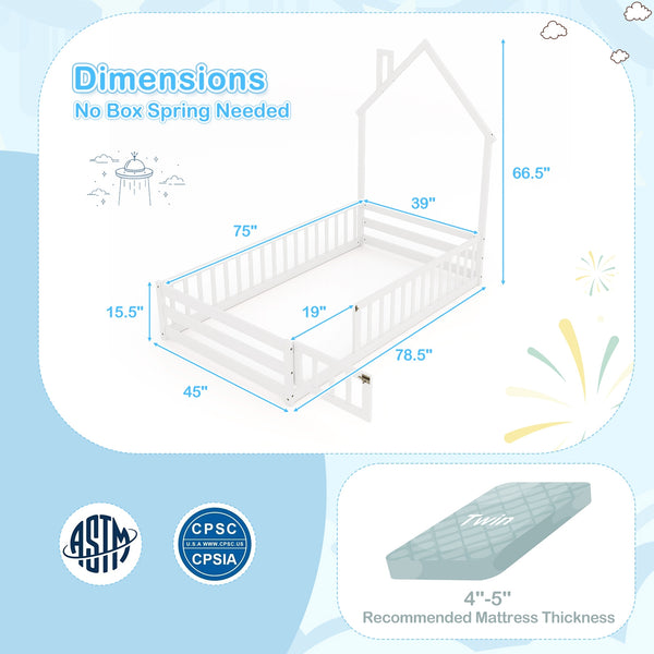 Montessori floor bed with lockable door and full-length guardrail - White