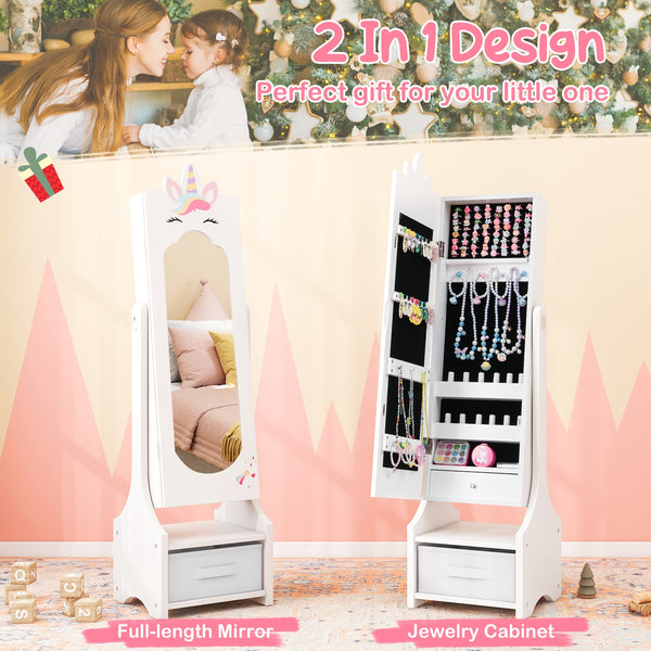 Children's jewelry cabinet with full-length mirror for children's bedroom and playroom - White