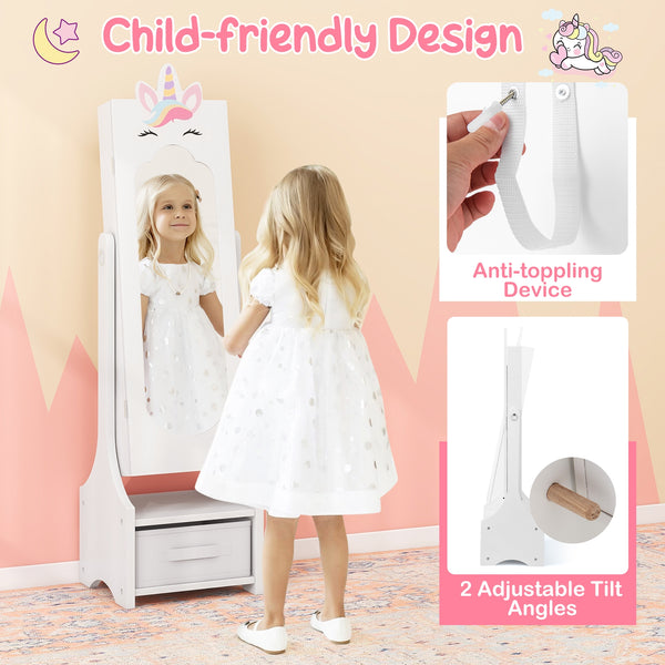 Children's jewelry cabinet with full-length mirror for children's bedroom and playroom - White