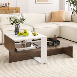 Table basse géométrique à deux niveaux avec étagères de rangement - Blanc et marron