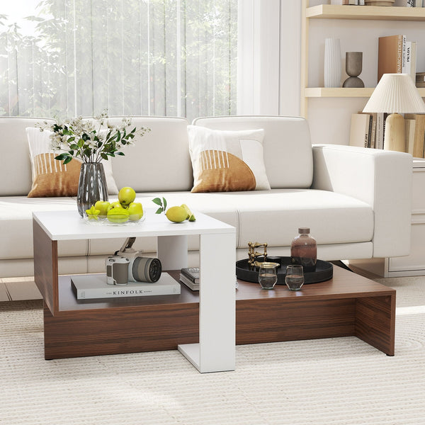 Table basse géométrique à deux niveaux avec étagères de rangement - Blanc et marron