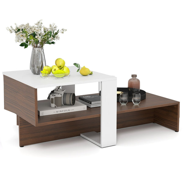 Table basse géométrique à deux niveaux avec étagères de rangement - Blanc et marron
