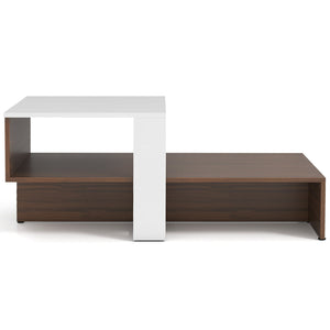Table basse géométrique à deux niveaux avec étagères de rangement - Blanc et marron