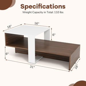 Table basse géométrique à deux niveaux avec étagères de rangement - Blanc et marron